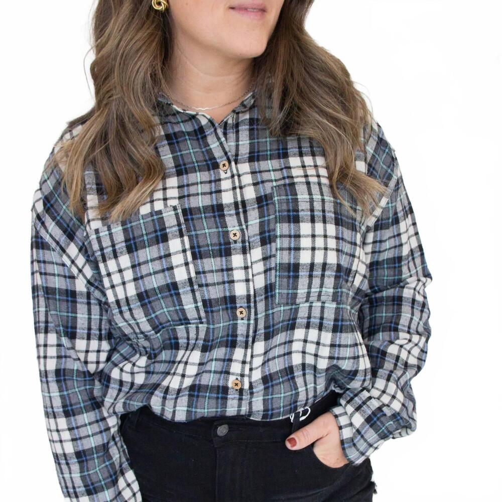 NEW MIOU MUSE plaid long sleeves shirt in cheerful blue, green, and white